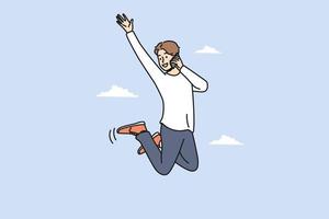 dolblij jong Mens jumping in lucht pratend Aan mobiele telefoon. glimlachen vent voelen opgewonden en zegevierend sprekend Aan smartphone. vector illustratie.