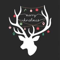 kerstkaart met rendiersilhouet, typografie en kerstpictogrammen vector