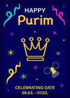 Purim partij poster met kroon en grappig snor masker, tekst, confetti en decoratief sterren, vector banier, uitnodiging, sjabloon, groet kaart.