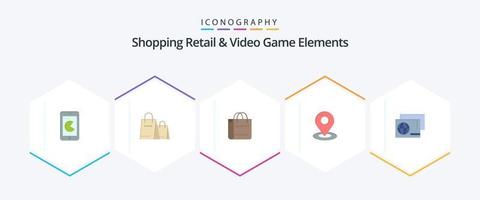 winkelen kleinhandel en video spel elementen 25 vlak icoon pak inclusief . winkelen. bladeren. paspoort . identiteit vector