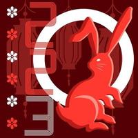 rood Chinese nieuw jaar ansichtkaart met konijn dierenriem teken, symbool van 2023, grafisch ontwerp kaart met Chinese lantaarns Aan de achtergrond, vector banier, kaart, uitnodiging, groet.