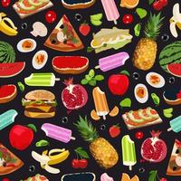 naadloos voedsel patroon. zwart achtergrond. ijs room, broodje, Zalm, banaan, bessen, eieren, pizza, kers, tomaat, basiliek, appel, watermeloen, ananas, granaatappel, kaviaar, limoen, olijven. vector