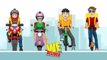 tekenfilm illustratie met vier levering mannen Aan verschillend voertuigen Aan de achtergrond van de stad. vector