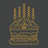 camping in de oerwoud met een kampvuur en hamburger monoline illustratie voor kleding vector