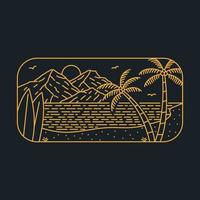 surfing Aan tropisch strand monoline illustratie voor kleding vector
