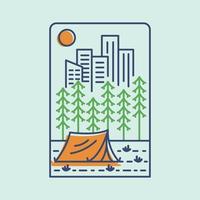 stedelijk camping in de stad Woud met horizon achtergrond monoline illustratie voor kleding vector