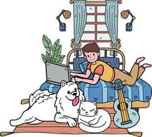 hand- getrokken eigenaar werken Aan laptop met hond en kat in slaapkamer illustratie in tekening stijl vector