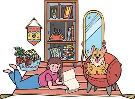 hand- getrokken vrouw lezing in kamer met corgi hond illustratie in tekening stijl vector