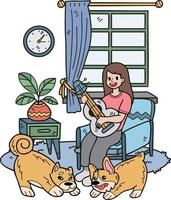 hand- getrokken de eigenaar Toneelstukken gitaar met de hond in de kamer illustratie in tekening stijl vector