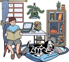 hand- getrokken eigenaar leest een boek met de hond in de kamer illustratie in tekening stijl vector