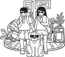 hand- getrokken eigenaar is op reis met gouden retriever hond illustratie in tekening stijl vector