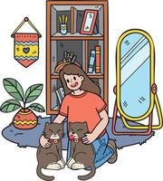 hand- getrokken vrouw knuffelen kat in de kamer illustratie in tekening stijl vector