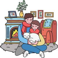 hand- getrokken Mens en vrouw paar knuffelen een kat in de kamer illustratie in tekening stijl vector