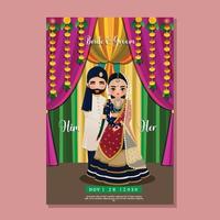 schattig Hindoe paar in traditioneel Indisch jurk tekenfilm karakter.romantisch bruiloft uitnodiging kaart vector