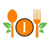 restaurant logo Aan brief ik sjabloon. lepel en vork, blad symbool voor keuken teken, cafe icoon, restaurant, Koken bedrijf vector