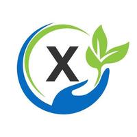 hand- Aan brief X logo ontwerp. gezondheidszorg zorg, fundament met hand- symbool vector