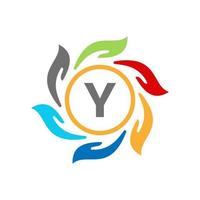 brief y liefdadigheid logo hand- zorg en fundament logo, eenheid symbool vector