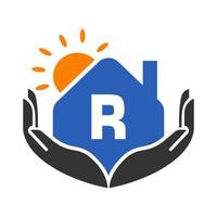 brief r echt landgoed logo concept met zon, huis en hand- sjabloon. veilig huis logo element vector