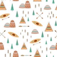 berg, bomen, kamp patroon in schattig boho stijl. Tipi tent, kajak, avontuur naadloos patroon voor kinderen camping illustratie. tekenfilm vector doodles hand- getrokken camping achtergrond in pastel kleuren.