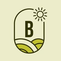 brief b landbouw logo embleem sjabloon. agro boerderij, agrarische sector, eco-boerderij teken met zon en agrarisch veld- symbool vector