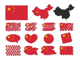 vector van China land schets silhouet met vlag reeks geïsoleerd Aan wit achtergrond. verzameling van China vlag pictogrammen met vierkant, cirkel, hart, spreken icoon, dots en kaart vormen. hand- getrokken stijl.