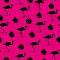 zwart flamingo en tropisch blad Aan roze naadloos achtergrond. vector