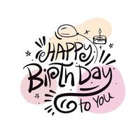 hand- getrokken gelukkig verjaardag belettering met ballonnen, confetti, taart en kaarsen Aan kleurrijk achtergrond. gelukkig verjaardag mooi groet kaart vector t-shirt ontwerp.