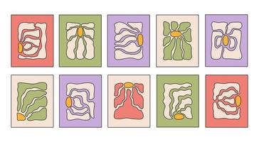 abstract botanisch reeks retro posters met divers bloesem groovy bloemen. naief kunst decor in stijl jaren 60, jaren 70. pastel kleuren. modieus hand- getrokken vector illustratie