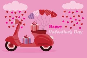 Valentijnsdag dag viering achtergrond met schattig motorfiets ballonnen en cadeaus met veel van liefde vector