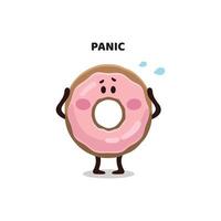 grappig vector tekenfilm vlak tekening kinderen emoji sticker, karakter, banier, mascotte van roze geglazuurd donut in paniek. kleurrijk vlak digitaal vector illustratie