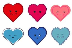 reeks van rood, roze en blauw harten. harten met verschillend emoties en ontwerp. glimlachen hart. verdrietig hart. liefde icoon sticker set. Valentijnsdag dag illustratie vector. vector