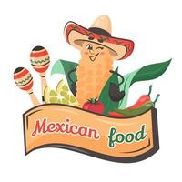 pittig Mexicaans voedsel concept. schattig grappig karakter geel maïs met sombrero, maracas, groenten. tekening getrokken vector illustratie voor borden, menu, poster, folder, banier, levering, Koken concept