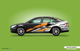 auto sticker inpakken ontwerp met abstract oranje streep thema Aan zwart sedan auto. vector