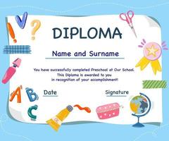 kleuterschool diploma. kleurrijk school- en peuter- diploma certificaat voor kinderen en kinderen in kleuterschool of primair cijfers met tekening elementen. vector tekenfilm vlak illustratie