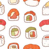 naadloos patroon met tekening sushi en broodjes. kleurrijk afdrukken Aziatisch voedsel in tekenfilm stijl voor telefoon geval, achtergronden, mode, omhulsel papier en textiel. vector