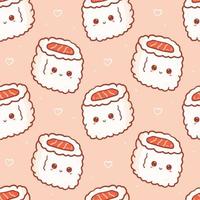 kawaii naadloos patroon met sushi rollen met gelukkig gezicht. schattig afdrukken Aziatisch voedsel in tekenfilm stijl voor telefoon geval, achtergronden, mode, omhulsel papier en textiel. vector illustratie