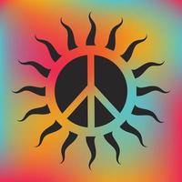icoon, sticker in hippie stijl met zwart zonnig vrede teken Aan regenboog helling achtergrond.
