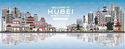 Welkom naar hubei provincie in China. stad horizon met grijs gebouwen en blauw lucht. vector