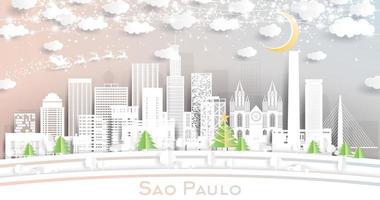 sao paulo Brazilië stad horizon in papier besnoeiing stijl met sneeuwvlokken, maan en neon guirlande. vector