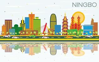 ningbo China stad horizon met kleur gebouwen, blauw lucht en reflecties. vector