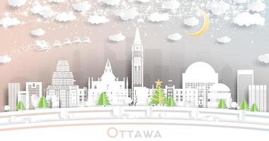 Ottawa Canada stad horizon in papier besnoeiing stijl met sneeuwvlokken, maan en neon guirlande. vector
