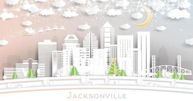 Jacksonville Florida stad horizon in papier besnoeiing stijl met sneeuwvlokken, maan en neon guirlande. vector