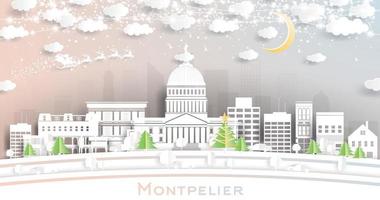 montpelier Vermont stad horizon in papier besnoeiing stijl met sneeuwvlokken, maan en neon guirlande. vector