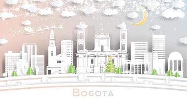 Bogota Colombia stad horizon in papier besnoeiing stijl met sneeuwvlokken, maan en neon guirlande. vector