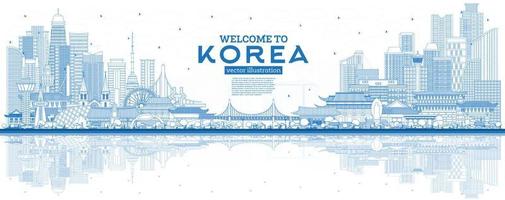 schets Welkom naar zuiden Korea stad horizon met blauw gebouwen en reflecties. vector