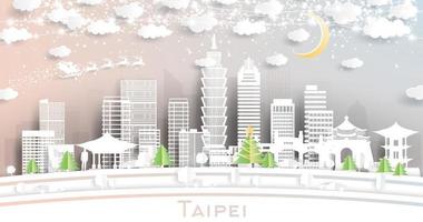 Taipei Taiwan stad horizon in papier besnoeiing stijl met sneeuwvlokken, maan en neon guirlande. vector