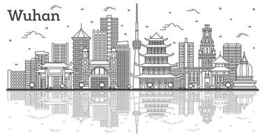 schets wuhan China stad horizon met modern gebouwen en reflecties geïsoleerd Aan wit. vector