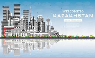 Welkom naar Kazachstan. stad horizon met grijs gebouwen, blauw lucht en reflecties. vector