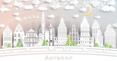 antwerpen belgie stad horizon in papier besnoeiing stijl met sneeuwvlokken, maan en neon guirlande. vector