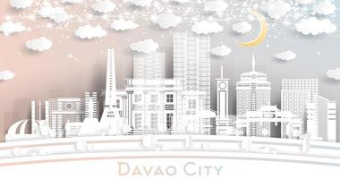 davao stad Filippijnen horizon in papier besnoeiing stijl met wit gebouwen, maan en neon guirlande. vector